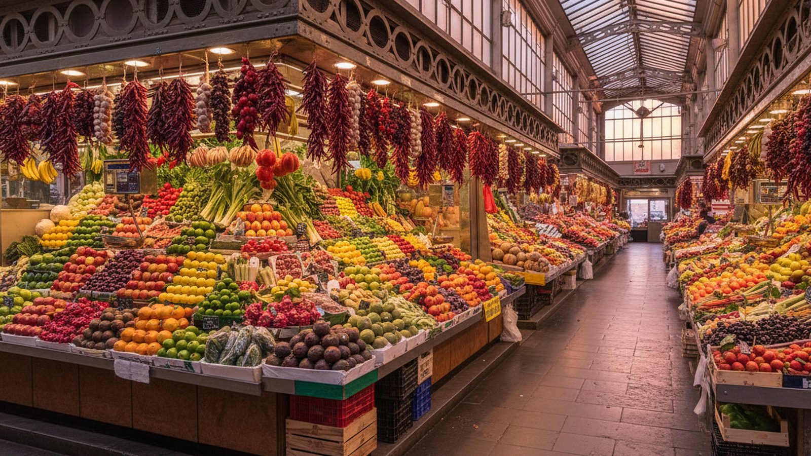 Banchi colmi di frutta e verdura, con le trecce di peperoncini appese, in un mercato palermitano